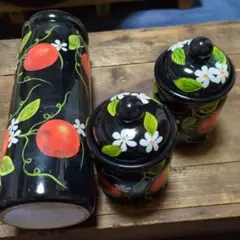 手描き陶器収納容器キャニスター3個セット