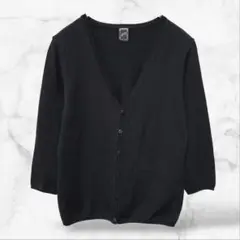 【エフデ】7分袖カーディガン シンプル 黒無地(9/M)Vネック コットン混