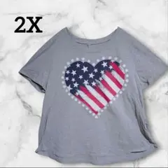 【2X】半袖アメリカ国旗ハートTシャツ グレー