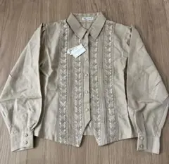 新品　花のブラウスHana no Blouse 吉村　刺繍長袖シャツ　ブラウン
