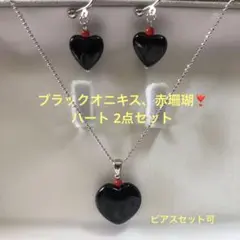 大人可愛い❣️秋 冬 天然石 ブラック オニキス ハート 赤珊瑚 コーラル 2点