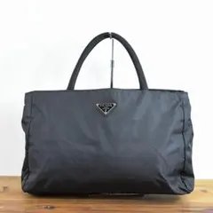 プラダ レディース ロゴ プレート テスートナイロン トートバッグ カバン 黒