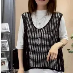 ニットベスト チョッキ 重ね着 着回し 楽ちん ゆったり　ノースリーブ　普段着