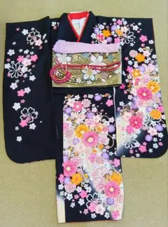 振袖フルセット 7点セット 黒色 ピンク オレンジ 紫 花柄 古典柄