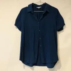 ★ダークブルー ボタン付き 半袖シャツ Lサイズ