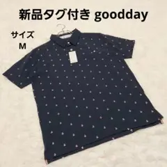 goodday 総柄プリントポロシャツ M ネイビー 半袖 カジュアル 個性的