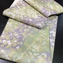 正絹 袋帯 紫 きみどり 花 No 2476