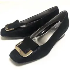 【fit fit】黒ラメ　スクエアトゥ ウェッジパンプニーカー 金バックル 23