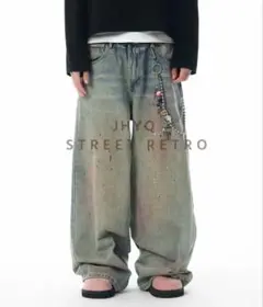 MENES JHYQ ダーティミッドブルーバギージーンズ JHYQ Dirty Mid Blue Baggy Jeans – MENES