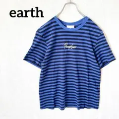 【アース】半袖Tシャツカットソー　ボーダー青黒　M ロゴ　レディーストップス