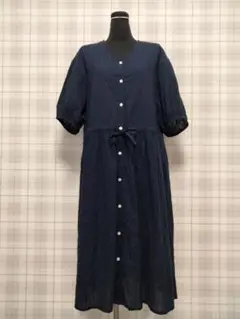 Lugnoncure❁Vネックロングワンピース❁ネイビー/コットン/ストライプ
