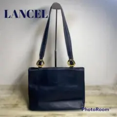 ランセル LAMCEL レザー ショルダーバッグ オールド金ロゴ金具 ネイビー