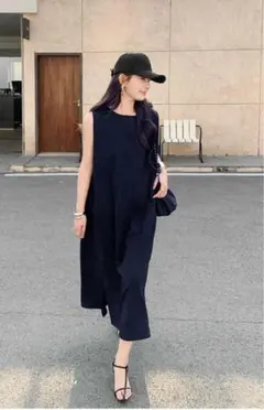 リネン 風　ノースリーブワンピース