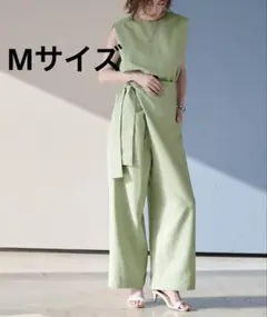 ur's ◎ユアーズ◎リネンライクハイウエストラップワイドパンツ M グリーン