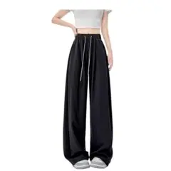 レディース パンツ ストレート ロング ツヤ感 ウエストゴム ゆったり 黒
