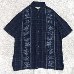 さらふわ　レーヨンシャツ　柄ストライプ　アロハシャツ　植物　ネイビー　L
