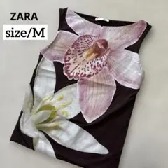 極美品【ZARA】ノースリーブ　大花柄　ナイロン　ストレッチ　M 茶色　綺麗め