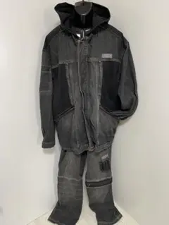 クレンチClenchブラックフード付きデニムセットアップ2XL