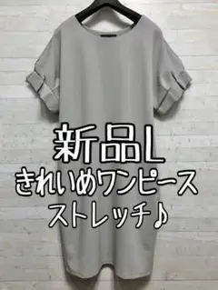 新品☆L♪グレー系♪伸び伸びストレッチ♪きれいめ半袖ワンピ〇B759