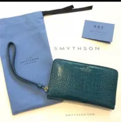 極美品!Smythson スマイソン マラ 長財布 ストラップ クロコ 青緑