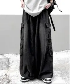 【美品】ワイド デニム カーゴパンツ サイドポケット付 色褪せ加工 黒