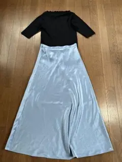 サテン風ロングフレアスカート・トップスセット