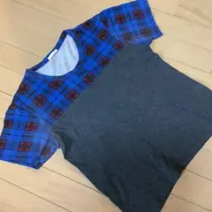 青とグレーのチェック柄 Tシャツ Sサイズ