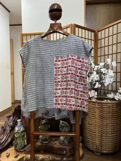 古布　リメイク　手拭い　墨染め　Tブラウス　ベスト　めで鯛