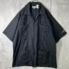 極上 漆黒 刺繍 キューバシャツ オープンカラー 企業ロゴ オールブラック 黒
