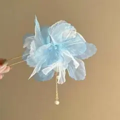 水色 シフォン コサージュ パール付き