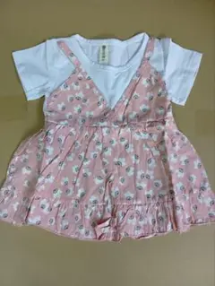 新品女の子用フラワードレス フェイクツーピース半袖 プリンセスドレス100cm