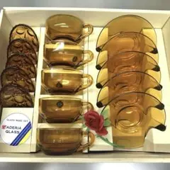 ADELEXアンバーティーカップ花柄セットアデリアグラスレトロ未使用品強化ガラス