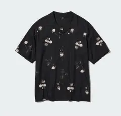 美品！UNIQLO プリントオープンカラーシャツ黒 柄シャツ XL