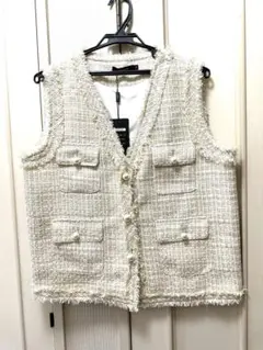 新品未使用　アイボリー　フリンジツイードベスト