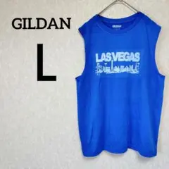 GILDAN【Ｌ】 LAS VEGAS プリント タンクトップ 青 トップス