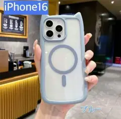 ネコ　iPhone16 iPhoneケース　ブルー　韓国　magsafe 対応