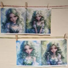 ♪ 限定レア パネル生地 美麗 碧髪の妖精の女の子 4枚セット ♪