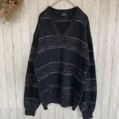 Vネック　ニット ストライプ　【L】ダークグレー