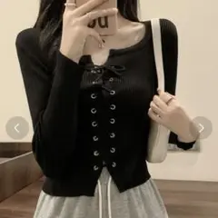 黒 トップス レースアップ リブニット