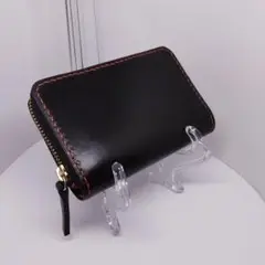 本革　黒 ファスナーミニウォレット 赤ステッチ　手縫