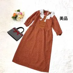 希少 フリルタッセル襟✨カネコイサオ 総柄 ワンピース ブラウン 美品