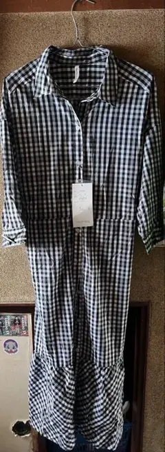シャツワンピース 半袖 3L 黒チェック