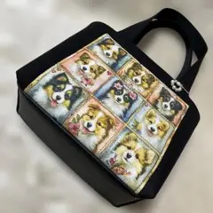 帆布使いトートバッグパネル=パッチワーク風わんこシェルティ