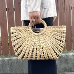 【新古品・未使用】ナチュラル ストロー編み ハンドバッグ　M