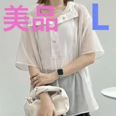 美品 しまむら シアーアノラック半袖パーカープルオーバーオフホワイト