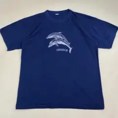 90s ギリシャ製 Tシャツ GREECE イルカ 刺繍ロゴ ネイビー