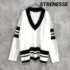 良品【STRENESSE】Ｖネック長袖ニット バイカラー 白×黒 ML相当 薄手