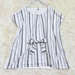 6885 美品✨ストライプ柄半袖カットソー L 白 リボン 綺麗め ゆったり