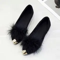 パンプス 24cm ブラック ファー ポイントトゥー ソール ゴールド 新品