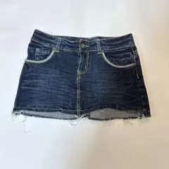 ダークブルー デニム ミニスカート フリンジヘム